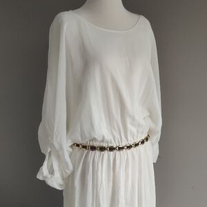 Beautiful Chic Fully Lined White Long Sleeve Silk/Cotton Dress Elastic Waist